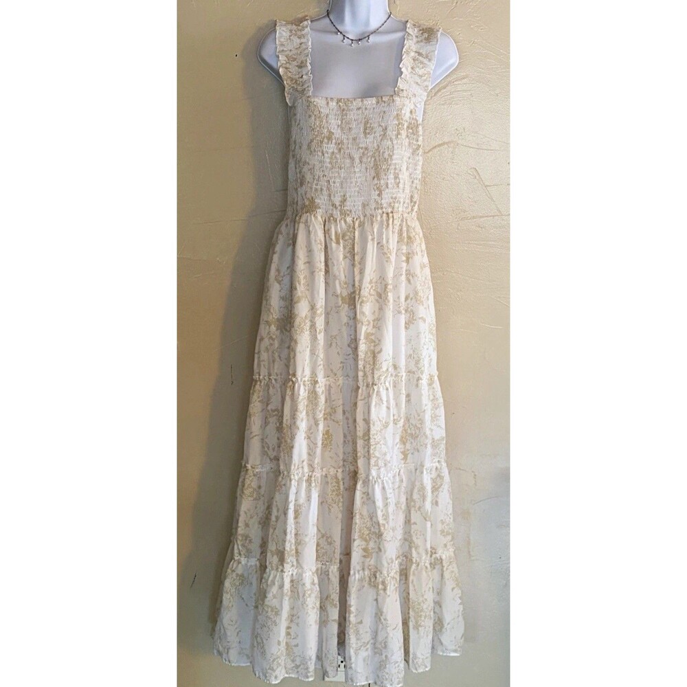 AND NOW THIS Plus 1X Cream/Beige Floral Smocked Ruffle Strap Maxi Dress